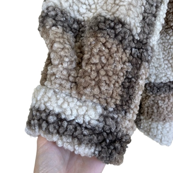 SHEIN CURVE LUNE Plus Plaid Pattern Drop Shoulder Teddy Coat Tan Cream Sz 2X - Picture 9 of 16